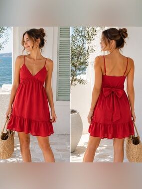 Red Flowy Mini Dress Bow Back Strappy Feminine Casual Chic ✨